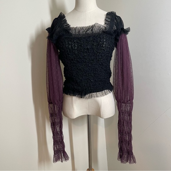 Free People Women’s Plum/Black - SZ L - Smocked Sheer Long Puff Sleeve Top - Picture 4 of 16
